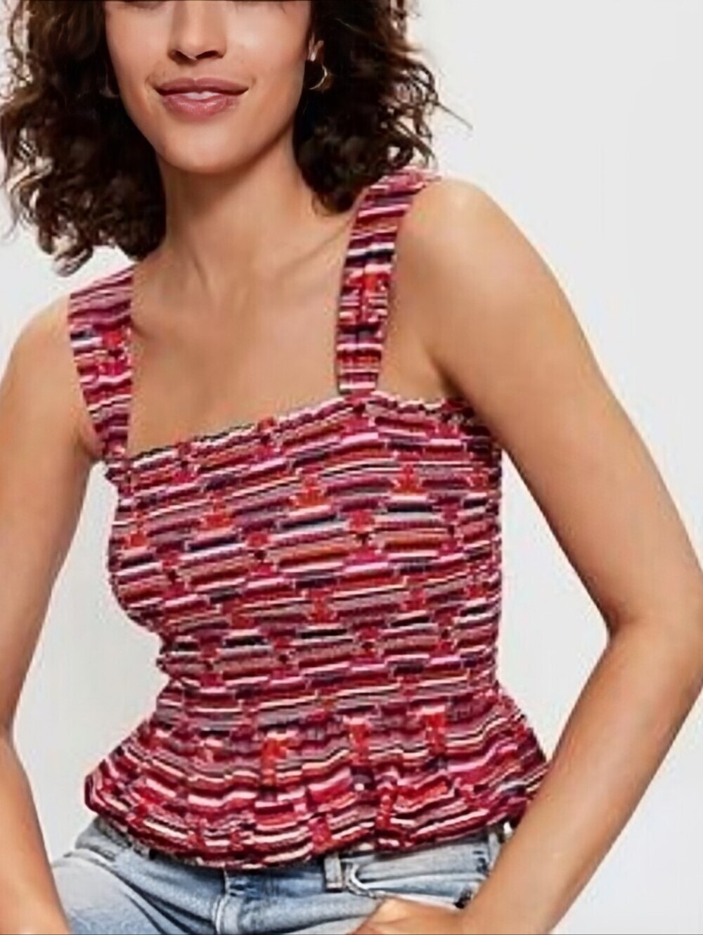 LOFT Multicolored Red Striped Smocked Peplum Top Sz M